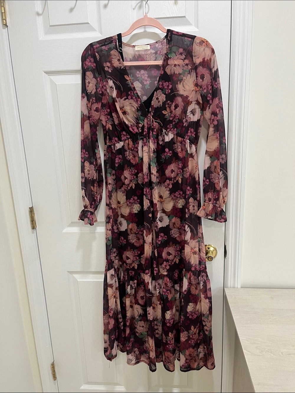lovestitch Plum and Blush Floral Long Sleeve Midi Dress